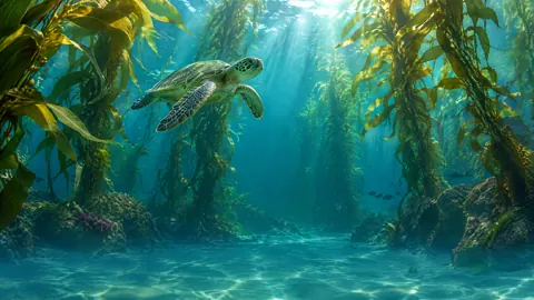 Green Sea Turtle in Kelp Forest