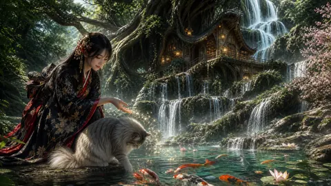 Kimono Woman by Koi Pond