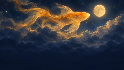 Amber Koi Above Indigo Clouds