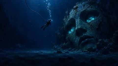 Diver Beside Sunken Stone Mask