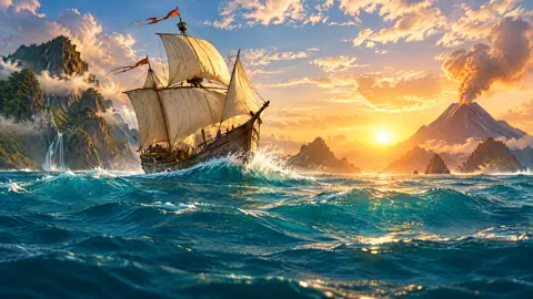 Caravel Near Smoking Volcano