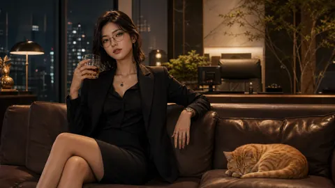 Businesswoman With Whiskey and Cat