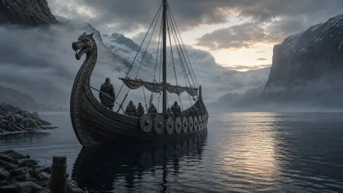 Viking Longship in Misty Fjord