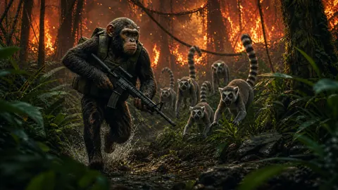 Armed Chimpanzee in Burning Jungle