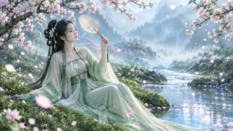 Woman With Fan by Stream