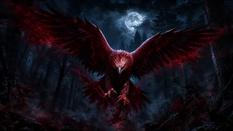 Blood-Spattered Eagle in Moonlit Forest