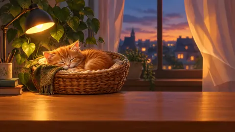 Sleeping Ginger Kitten by Lamp