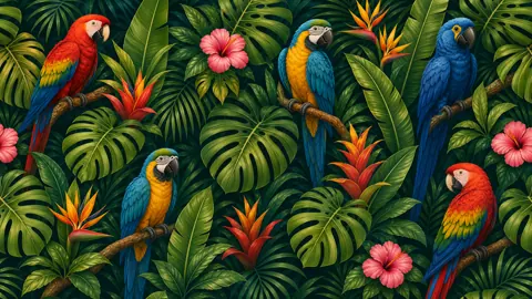 Parrots Among Tropical Flowers