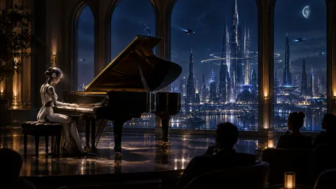 Android Pianist in Futuristic City