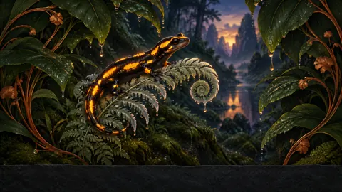 Fire Salamander on Silver Fern