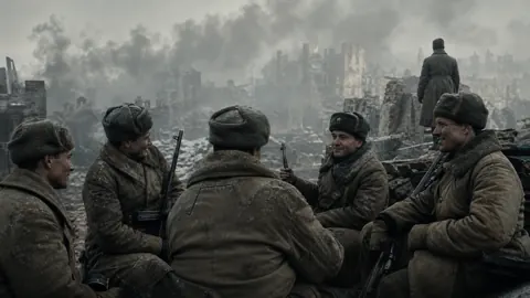 Soviet Soldiers Over Ruined City