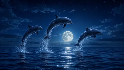 Dolphins Leaping Under Full Moon