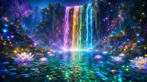Rainbow Waterfall in Glowing Forest