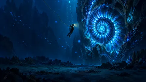 Diver Before Blue Spiral Shell