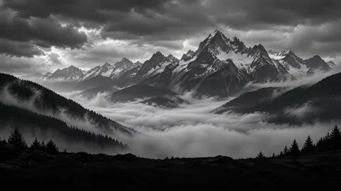 Snowy Mountains Above Misty Valley