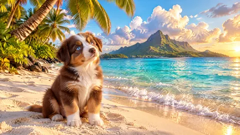 Australian Shepherd Puppy at Sunset