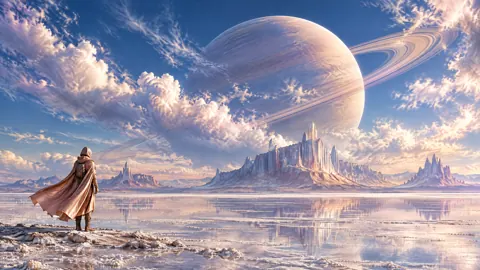 Explorer Beneath Ringed Planet