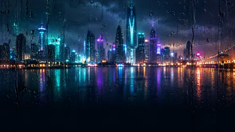 Rainy Window Over Futuristic City