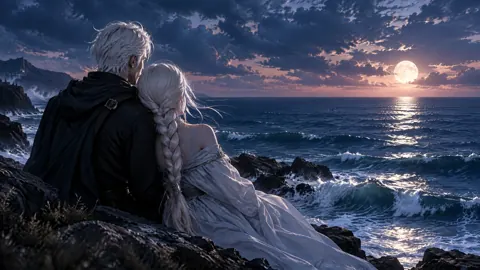 White-Haired Man on Moonlit Cliffs