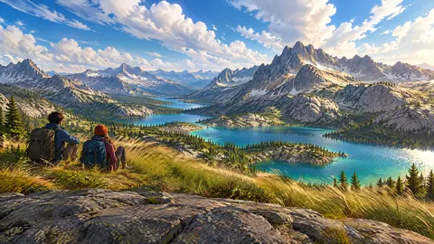 Backpackers Above Turquoise Lakes