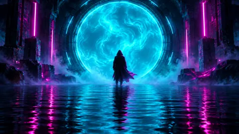 Hooded Figure Before Cyan Portal