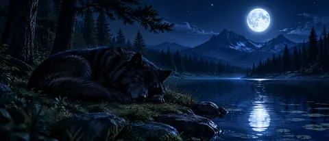 Sleeping Black Wolf by Moonlit Lake