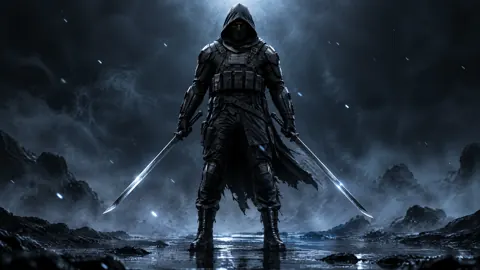 Masked Warrior on Rocky Shore