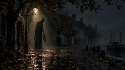 Faceless Figure by Harbor Streetlamp