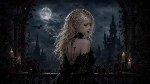 Gothic Woman on Rose Balcony