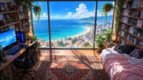 Anime Bedroom Overlooking Seaside Town