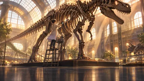 Conservator Dusting T Rex Skeleton