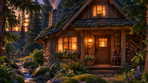 Glowing Forest Cottage by Stream