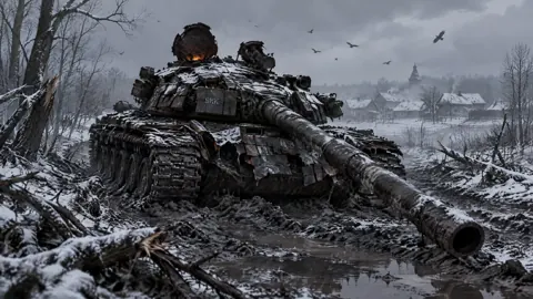 Wrecked Tank in Snowy Battlefield