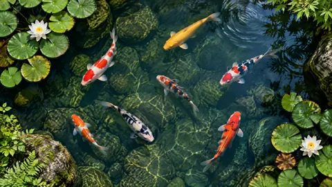 Koi Pond With Water Lilies