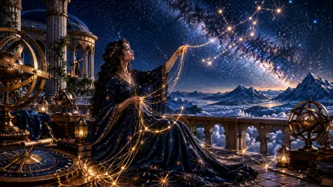 Woman Weaving Constellations Above Clouds