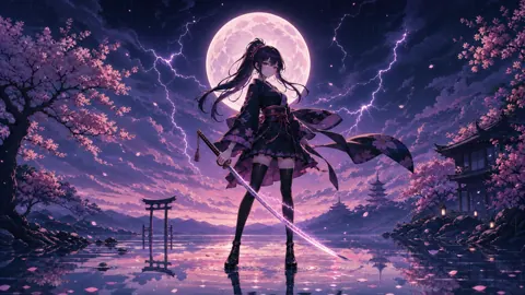Kimono Swordswoman Under Full Moon