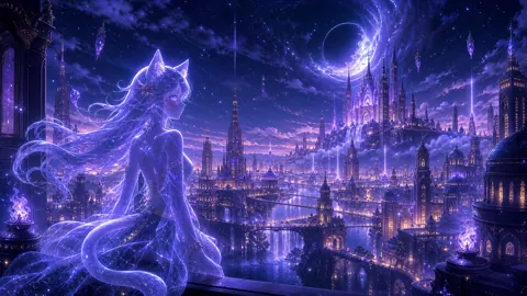 Astral Catgirl Over Gothic City
