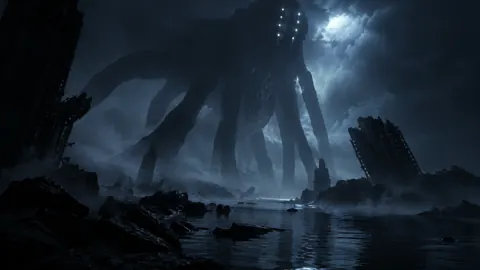 Glowing-Eyed Monster Over Flooded Ruins