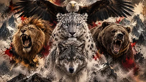 Snow Leopard and Wolf Mountain Scene