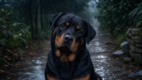 Rottweiler on Rainy Forest Path