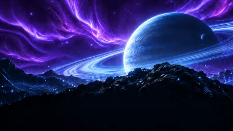Ringed Planet Over Obsidian Mountains