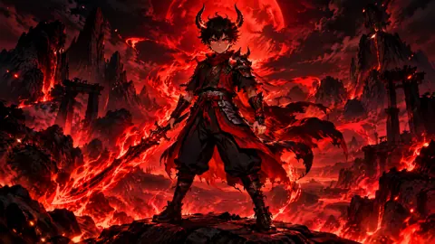 Horned Warrior Beneath Crimson Moon
