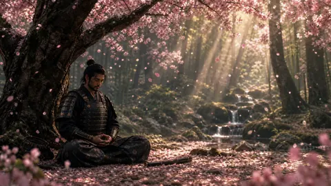 Samurai Beneath Cherry Blossom Tree