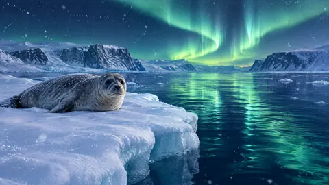Seal Under Arctic Aurora