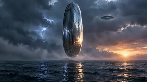 Chrome Monolith Above Stormy Ocean