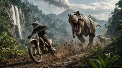 Motocross Rider Chased by Tyrannosaurs