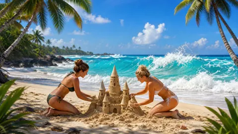 Women Building Sandcastle on Beach