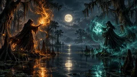 Hooded Mages in Moonlit Marsh