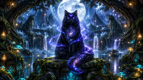 Galaxy Cat by Moonlit Lake