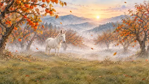 White Donkey in Persimmon Orchard
